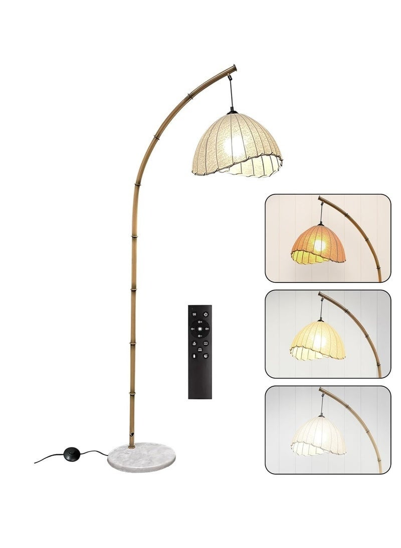 Arabest Retro Floor Lamp Unique Bamboo Color Floor lamp With Remote 12W Bohemian Hanging Arc Floor Lamp with Antique Rattan Style Vertical Standing Indoor decoration - Image 1