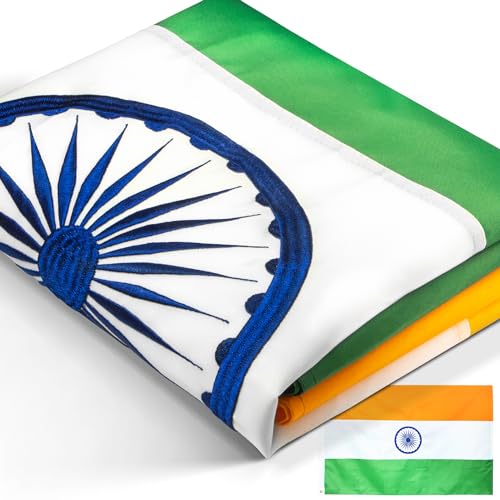 Anley EverStrong Series Embroidered India Flag 3x5 Feet Embroidery Heavy Duty Canvas Header 4 Rows of Lock Stitching Indian National Flags with Brass Grommets 3 X 5 Ft - Image 1