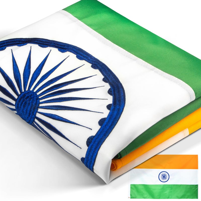 Anley EverStrong Series Embroidered India Flag 3x5 Feet Embroidery Heavy Duty Canvas Header 4 Rows of Lock Stitching Indian National Flags with Brass Grommets 3 X 5 Ft - Image 2