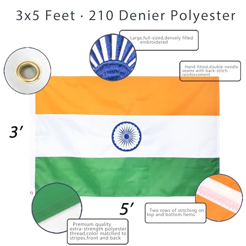 Anley EverStrong Series Embroidered India Flag 3x5 Feet Embroidery Heavy Duty Canvas Header 4 Rows of Lock Stitching Indian National Flags with Brass Grommets 3 X 5 Ft - Image 3