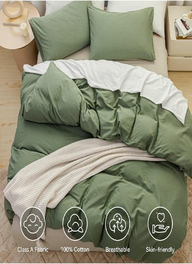 JELLYMONI JELLYMONI Green 100% Washed Cotton Duvet Cover Set, 3 Pieces Luxury Soft Bedding Set with Zipper Closure. Solid Color Pattern Duvet Cover Oversized King Size(No Comforter) 