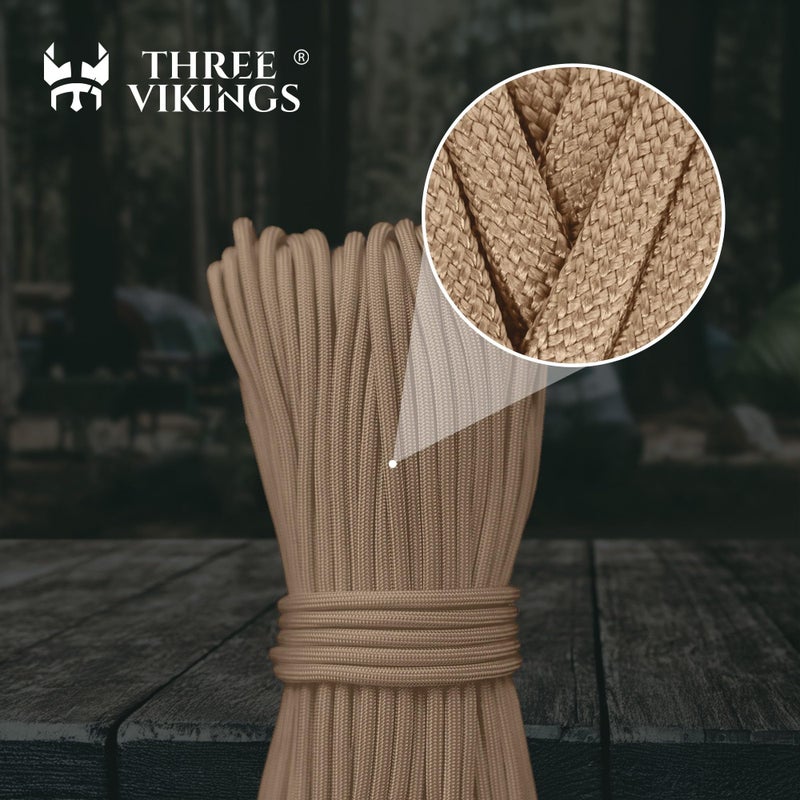 Three Vikings Paracord Rope - Made in USA - 750lb - 100% Nylon - Type IV - 11 Strand Core - Stronger Then Paracord 550 Cord - Tan - 25 Ft. - Image 2