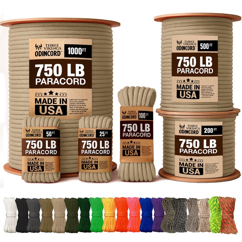 Three Vikings Paracord Rope - Made in USA - 750lb - 100% Nylon - Type IV - 11 Strand Core - Stronger Then Paracord 550 Cord - Tan - 25 Ft. - Image 1
