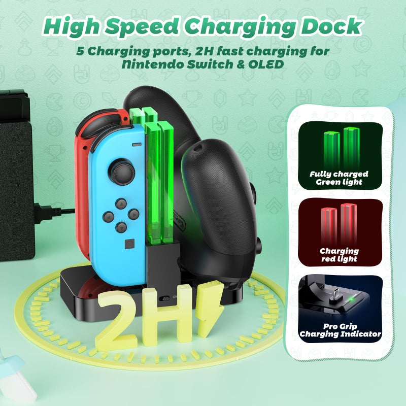 FastSnail Controller Charger for Nintendo Switch & OLED Model for Joycon, Charging Dock Station for Joy con and Pro Controller with Charger Indicator & Type C Cable for NS NES Games - Image 2