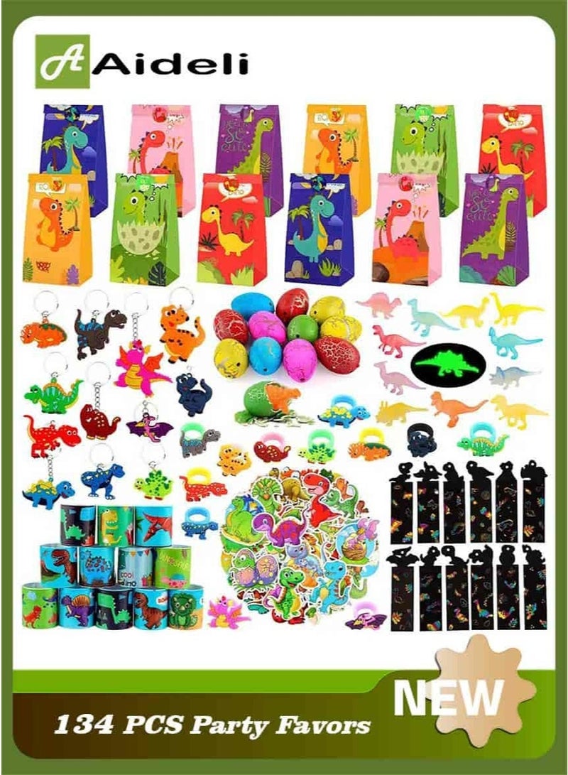 Aideli 134PCS Dinosaur Party Favors for 12 Kids – Dino Birthday Goodie Bags, Keychains, Rings, Toys, Stickers, Dino Eggs – Party Supplies for Boys & Girls - Image 1