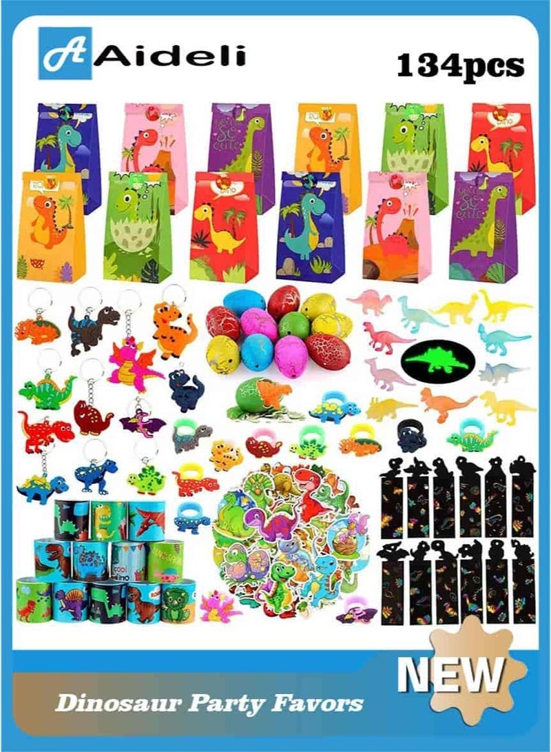 أديلي هدايا حفلة عيد ميلاد الديناصورات 134 قطعة لـ 12 طفلًا – هدايا حفلة مع حقائب، خواتم، سلاسل مفاتيح، ألعاب، ملصقات، بيض ديناصور – مستلزمات عيد ميلاد للأولاد والبنات - Image 1