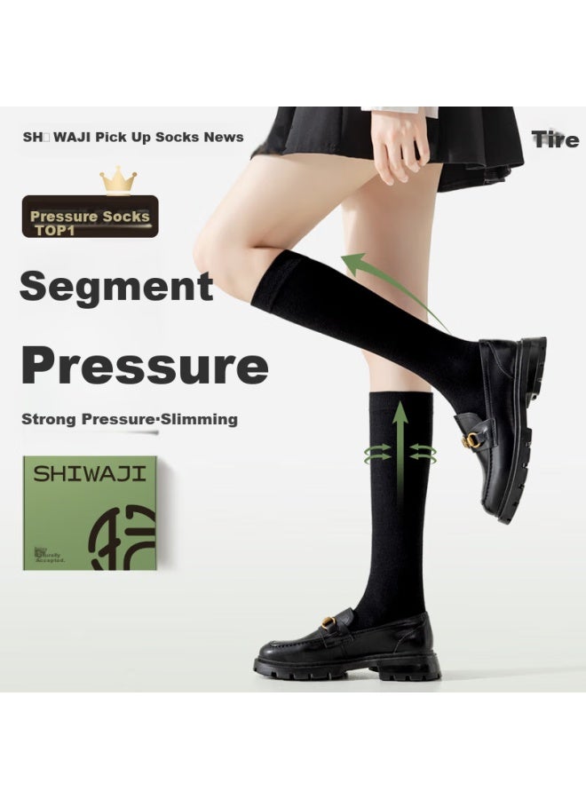 Picking up socks Xue Ji High-pressure Calf Socks For Women, Spring And Summer, Slimming Mid-calf Jk Socks, Knee-high Socks, Non-slip Black Long Socks - Image 1