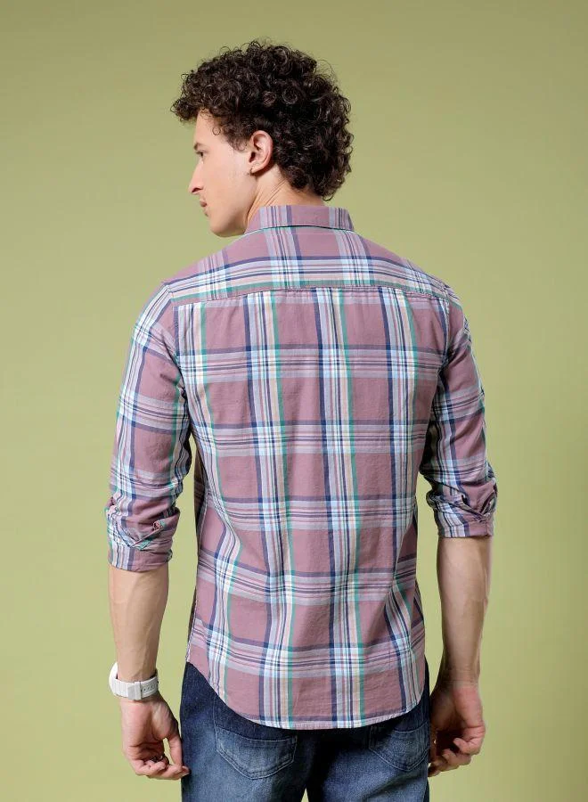 ذا انديان كراج كو Men Slim Fit Checkered Full Sleeves Cutaway Collar Casual Shirt
