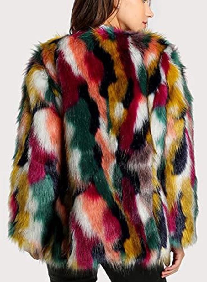 Gihuo Women's Winter Luxury Multicolor Faux Fur Coat Winter Jackets Winter Clothes Warm Open Front Outwear Fuzzy Jacket, Multicolor, S - Image 4