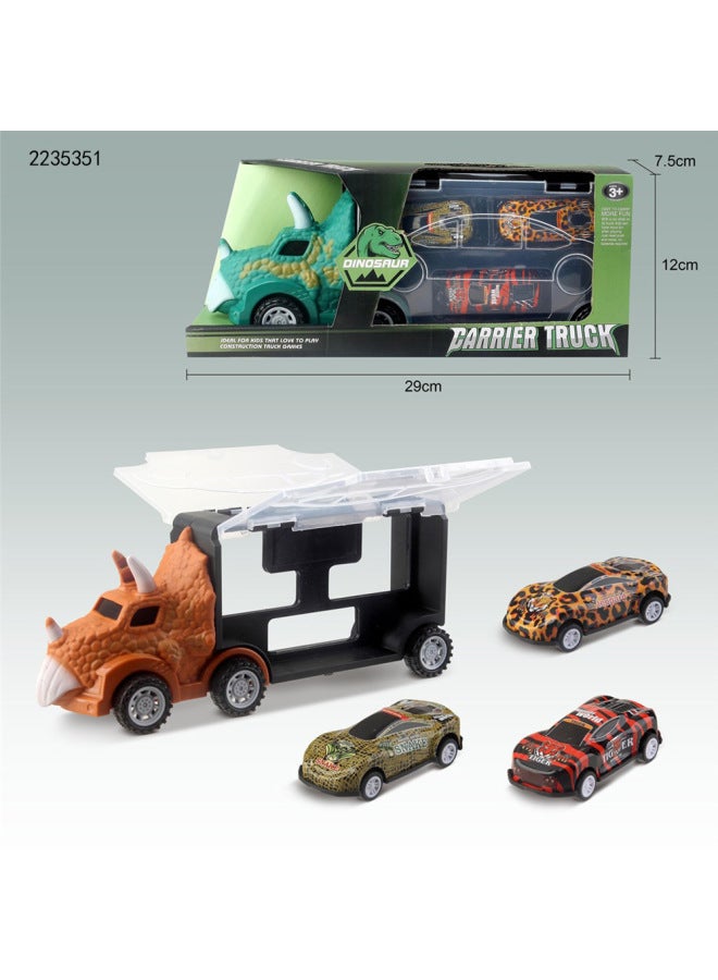Boy Sliding Triceratops Dinosaur Children's Toy Car Transport Container Truck With Iron Animal Pullback Car 3PCs-Color:2235351  - Image 1