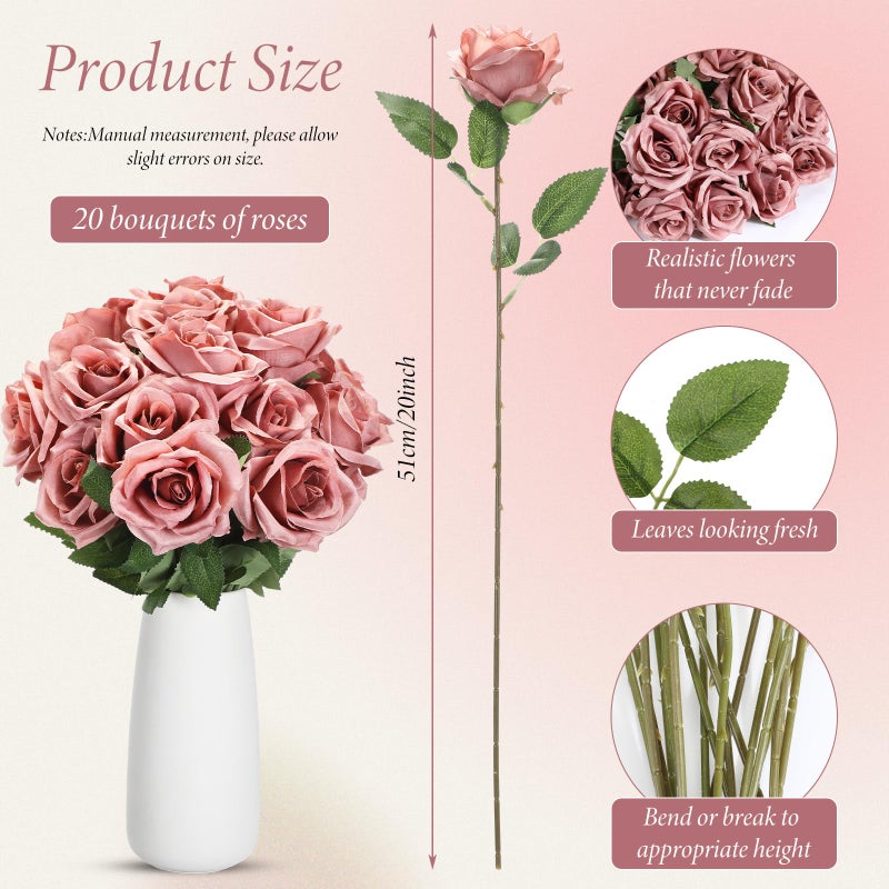 Hotop 20 Pcs Artificial Rose Flowers with Long Stem,Real Touch Silk Realistic Plastic Bouquet Roses Bulk for Home Decor Bridal Wedding Party Table Centerpieces Decorations(Dusty) - Image 2