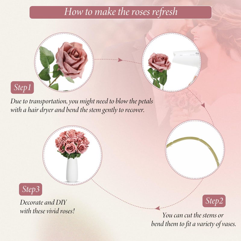 Hotop 20 Pcs Artificial Rose Flowers with Long Stem,Real Touch Silk Realistic Plastic Bouquet Roses Bulk for Home Decor Bridal Wedding Party Table Centerpieces Decorations(Dusty) - Image 3