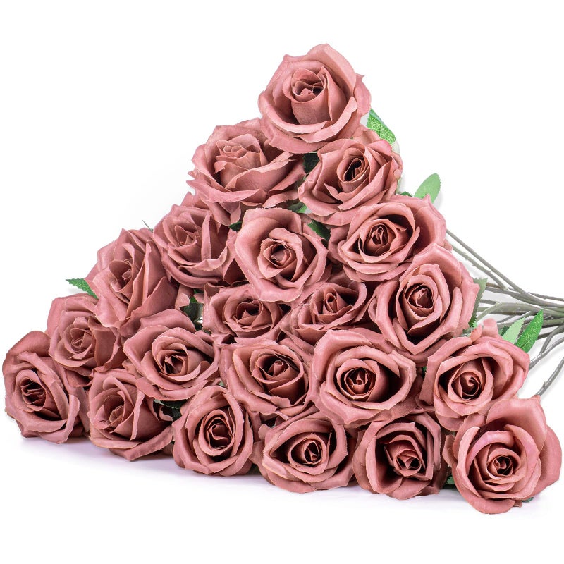 Hotop 20 Pcs Artificial Rose Flowers with Long Stem,Real Touch Silk Realistic Plastic Bouquet Roses Bulk for Home Decor Bridal Wedding Party Table Centerpieces Decorations(Dusty) - Image 1