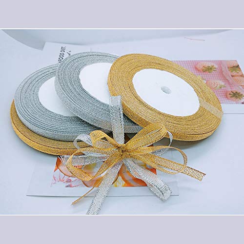 Oubaka 4 Roll Glitter Metallic Ribbon,Gold Silver Glitter Ribbon for Gift Crafters Wedding Party Birthday Wrap Hair Bows Floral Projects Wrapping Decorations DIY Crafts Arts(1/4inx22m) - Image 4