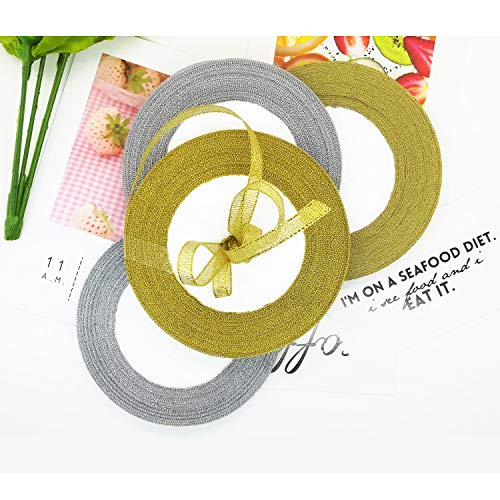 Oubaka 4 Roll Glitter Metallic Ribbon,Gold Silver Glitter Ribbon for Gift Crafters Wedding Party Birthday Wrap Hair Bows Floral Projects Wrapping Decorations DIY Crafts Arts(1/4inx22m) - Image 5