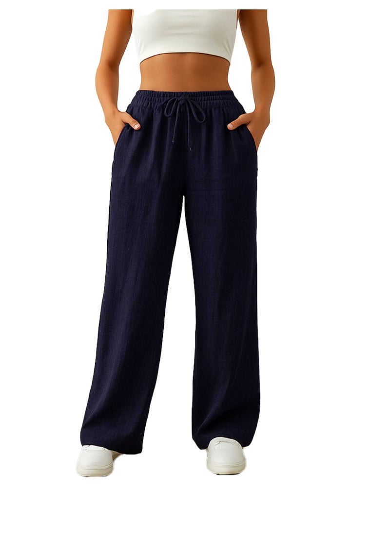 نايلتون بنطلون كتان واسع الساق للنساء - بنطلون كاجوال فضفاض بجيوب جانبية ورباط خصر مطاطي، تصميم صيفي خفيف الوزن - Image 1