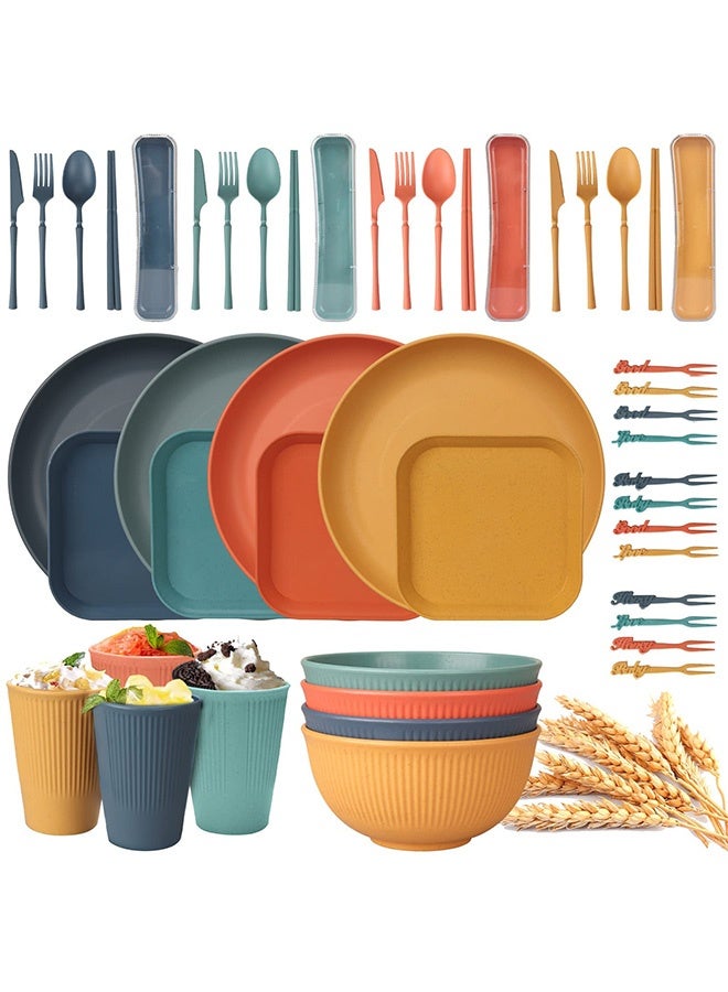 Peachjoy 48pcs Unbreakable Dinnerware Sets for 4 People, Camping Plates and Bowls Set, Plastic Picnic Dinner Sets, Lightweight Colorful BBQ Plastic Serving Plates, Bowls, Cups,Cutlery Set, Forks,Tableware  - Image 1