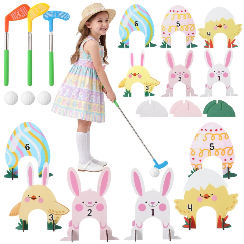 Silipull Easter Games Easter Mini Golf Game Set 6 Bunny Chick Themed Wooden Golf Holes with 3 Extendable Putters and 3 Balls for Fun Indoor Outdoor Family Party Game Supplies - Image 2