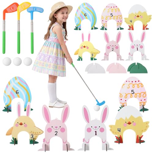 Silipull Easter Games Easter Mini Golf Game Set 6 Bunny Chick Themed Wooden Golf Holes with 3 Extendable Putters and 3 Balls for Fun Indoor Outdoor Family Party Game Supplies - Image 1