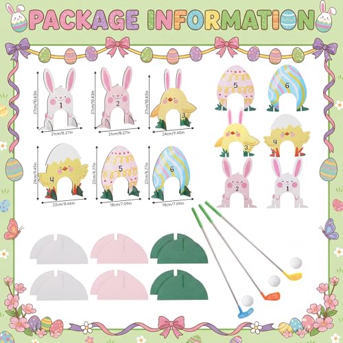 Silipull Easter Games Easter Mini Golf Game Set 6 Bunny Chick Themed Wooden Golf Holes with 3 Extendable Putters and 3 Balls for Fun Indoor Outdoor Family Party Game Supplies - Image 3