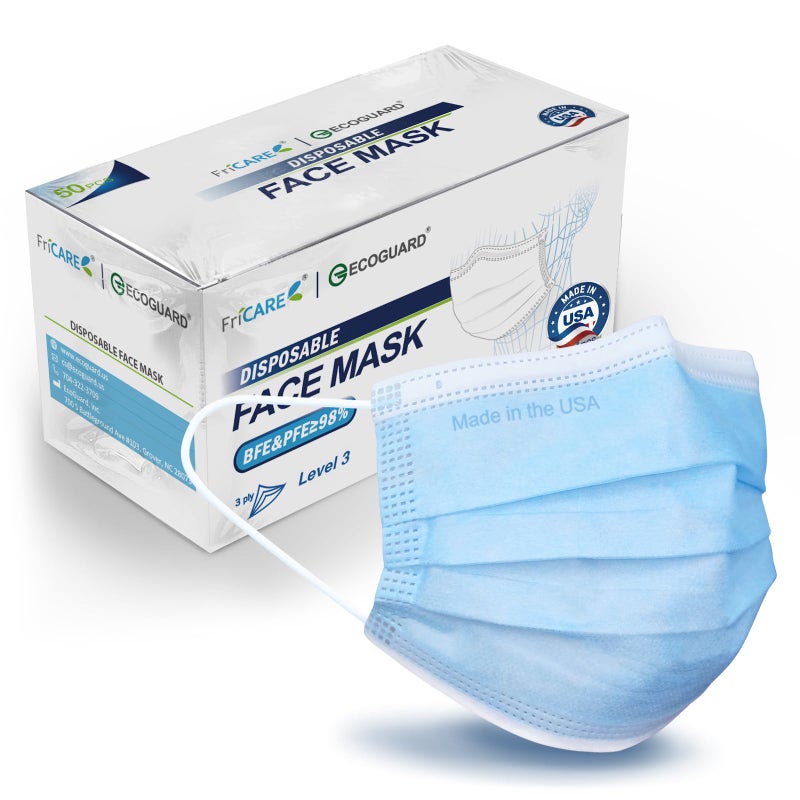 FriCARE Made in USA Disposable Face Masks, 3-Ply ASTM Level 3 Medical Grade, FSA/HSA Eligible, Breathable & Comfortable for Allergy/Sun Protection, 50 Pack Blue - Image 1