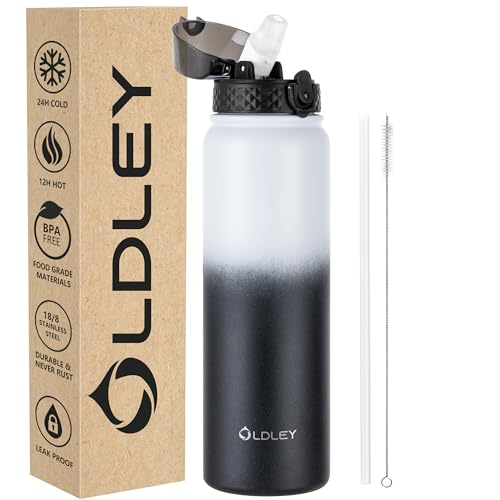 OLDLEY Stainless Steel Water Bottle with Straw 1L Vaccum Insulated Large Drink Flask Metal Water Bottles 1 Litre Leakproof Keep Drinks Hot Cold for Sports Bike Gym Adult Women MenWhite Black 1 Lid