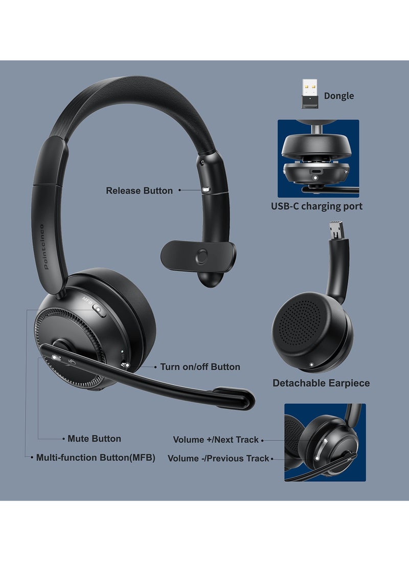 Bluetooth Headset with AI Noise Canceling Microphone, Stereo HiFi Bluetooth Headphones, Wireless Headset with USB Dongle for Computer Office Call Center Skype Zoom Meeting Trucker, M109