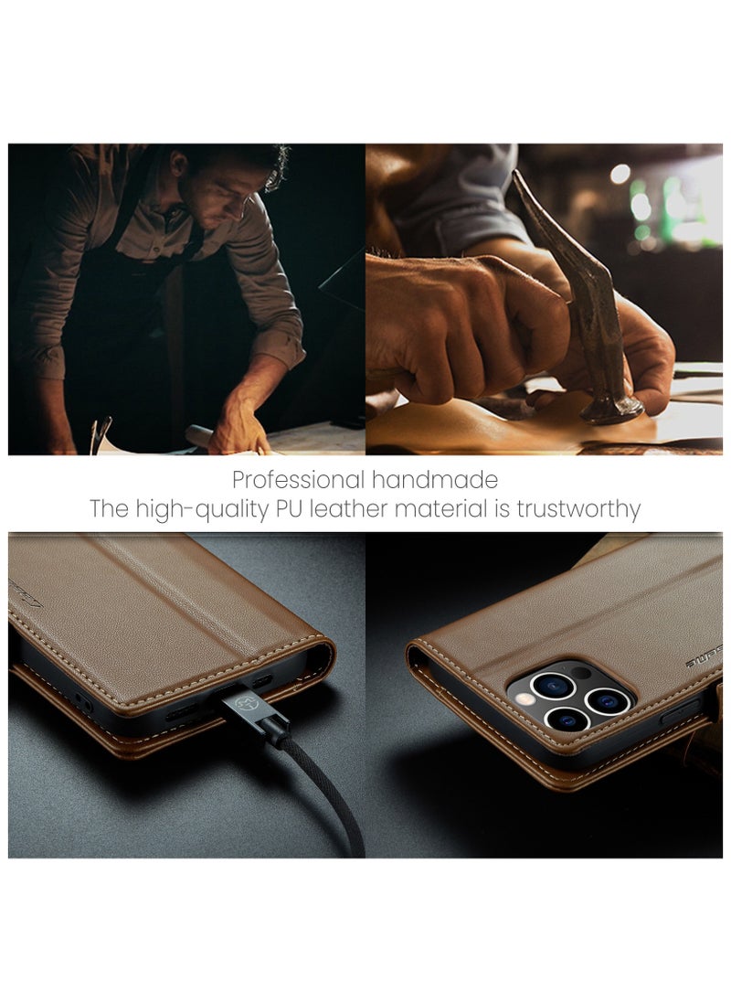 Generic - Phone Case for iPhone 14 Pro Max Anti-scratch Leather Kickstand Card Slot Money Pocket Brown - Image 1