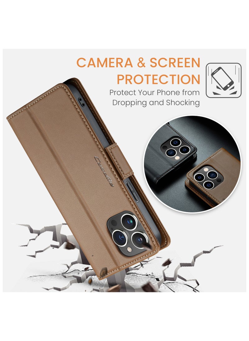 Generic - Phone Case for iPhone 14 Pro Max Anti-scratch Leather Kickstand Card Slot Money Pocket Brown - Image 1