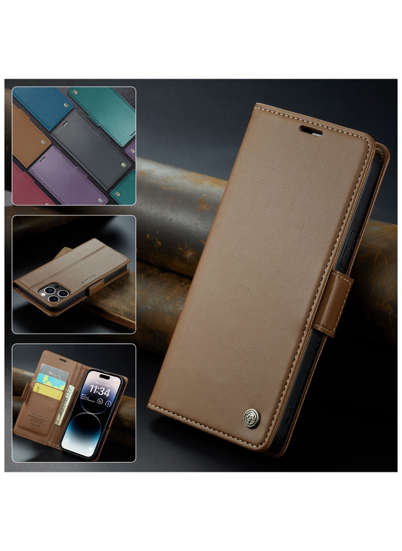 Generic - Phone Case for iPhone 14 Pro Max Anti-scratch Leather Kickstand Card Slot Money Pocket Brown - Image 1