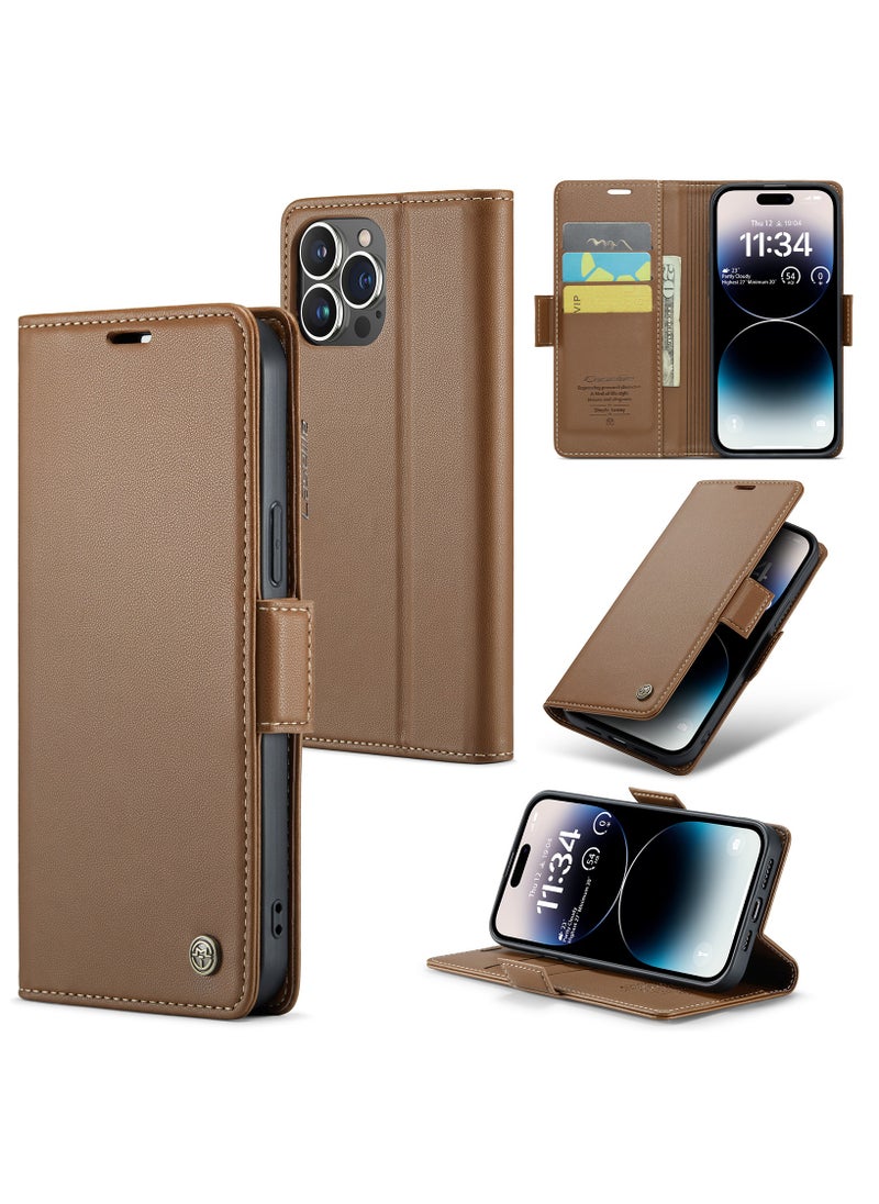 Generic - Phone Case for iPhone 14 Pro Max Anti-scratch Leather Kickstand Card Slot Money Pocket Brown - Image 1