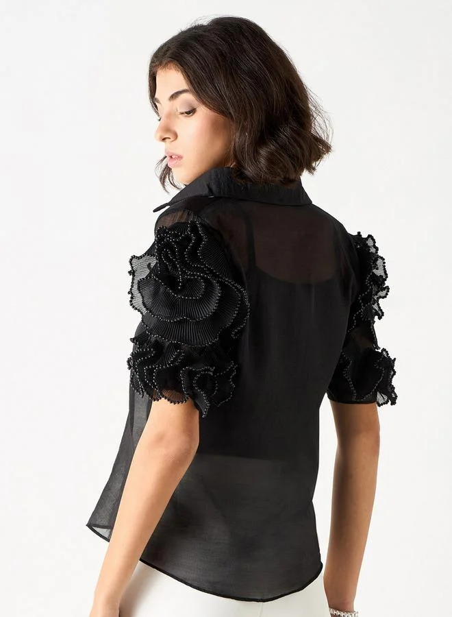 2Xtremz 2Xtremz Textured Collared Shirt with Embellished Stylised Sleeves