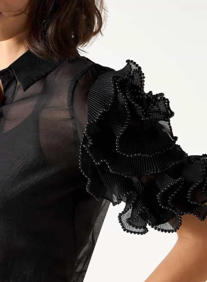 2Xtremz 2Xtremz Textured Collared Shirt with Embellished Stylised Sleeves