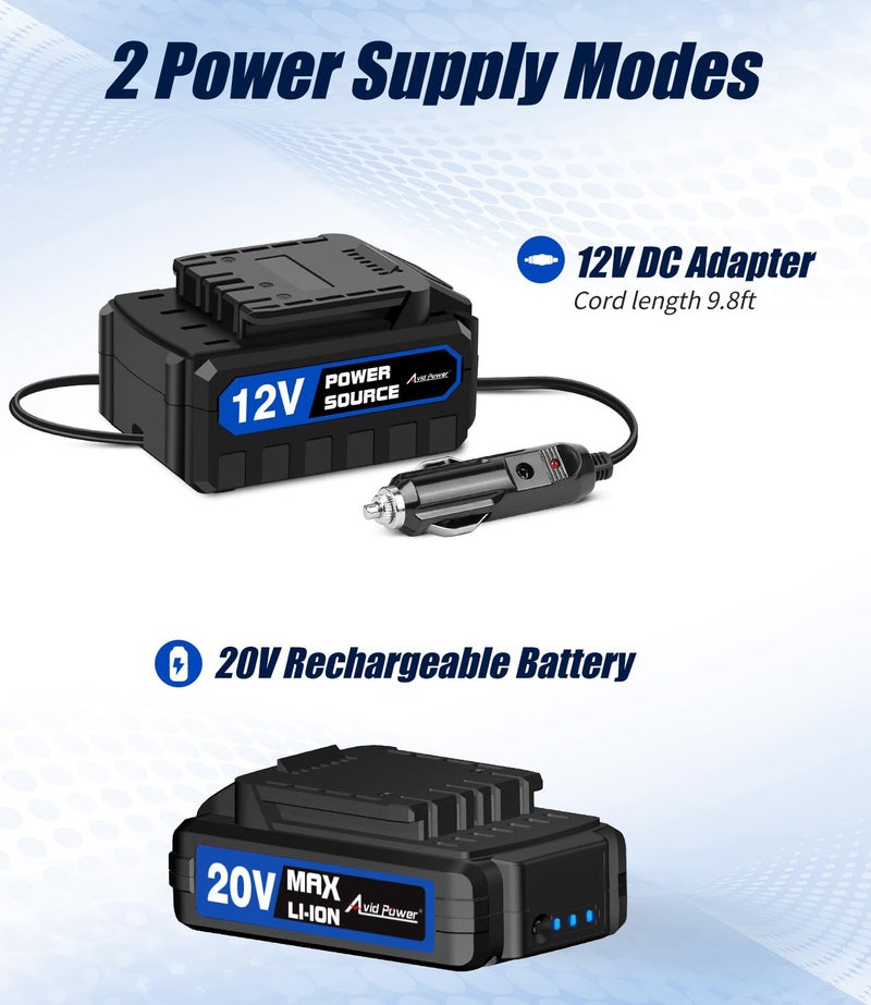 AVID POWER منفاخ إطارات لاسلكي من Avid Power، ضاغط هواء محمول، بطارية قابلة لإعادة الشحن 20 فولت، مضخة إطارات مع محول طاقة تيار مستمر 12 فولت، مقياس ضغط رقمي، مضخة هواء تلقائية للعديد من المطاطية (أزرق) - Image 3