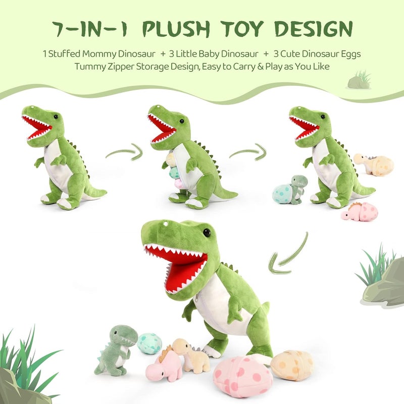 MorisMos Dinosaur Stuffed Animal with Babies,23.6'' Big T-Rex Mommy Stuffed Dinosaur with 3 Baby Dinosaur Plush Toys, 3 Dinos Eggs,Boy Girl Dinosaur Toys for Kid Birthday Christmas,Green T-rex Toys - Image 4