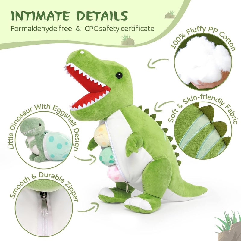 MorisMos Dinosaur Stuffed Animal with Babies,23.6'' Big T-Rex Mommy Stuffed Dinosaur with 3 Baby Dinosaur Plush Toys, 3 Dinos Eggs,Boy Girl Dinosaur Toys for Kid Birthday Christmas,Green T-rex Toys - Image 5