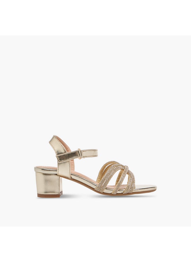 Flora Bella By Shoexpress Girls Embellished Block Heel Sandals with Hook and Loop Closure  - Image 3