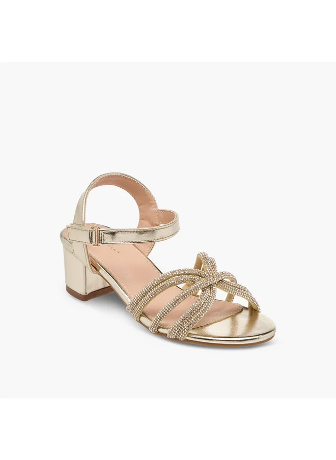 Flora Bella By Shoexpress Girls Embellished Block Heel Sandals with Hook and Loop Closure