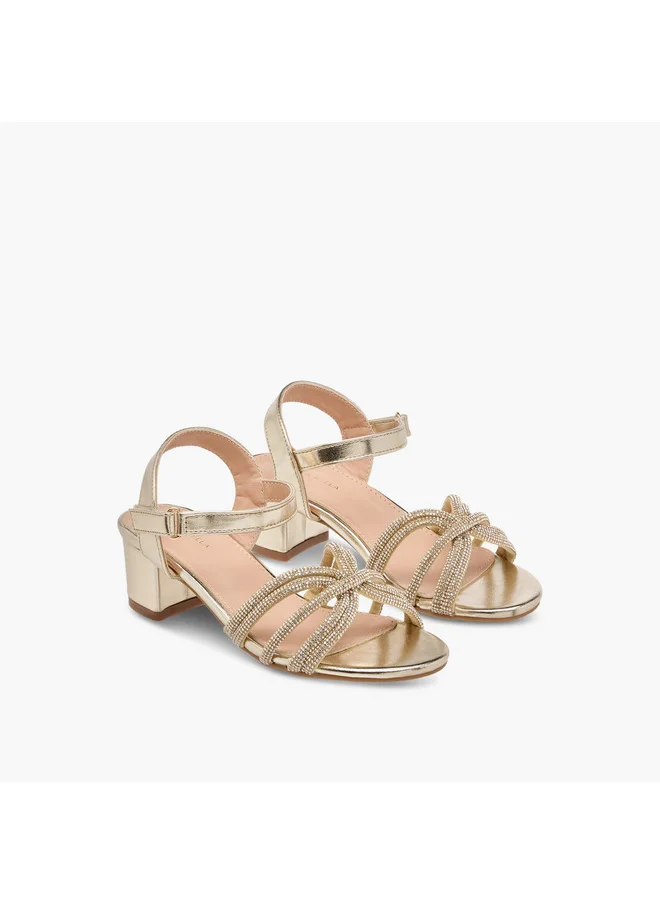 Flora Bella By Shoexpress Girls Embellished Block Heel Sandals with Hook and Loop Closure