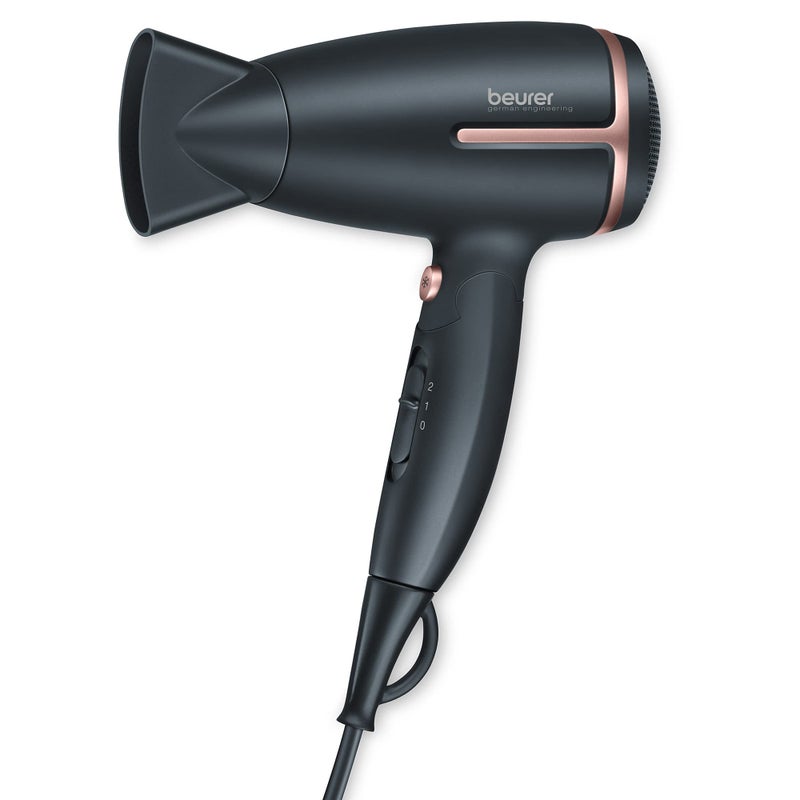 Beurer HC25 Travel Hair Dryer for with Voltage Switch Powerful Blow Dryrer with Ion Function 1600W Anti Frizz Foldable Lightweight Styler Nozzle Attachment