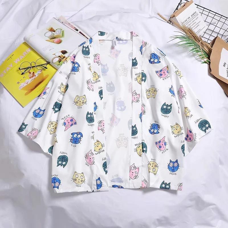 Summer Retro Crane Kimono Cardigan Cat White - Image 1