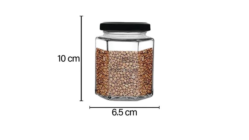 CROCO JAR Croco Hexagon Glass Jar & Container With Rust Free Air Tight Lid, Suitable For Use In Your Home Office, Kitchen Storage/Glass Jar For Kitchen 200 Ml (Pack Of 4) (Black) - Image 2