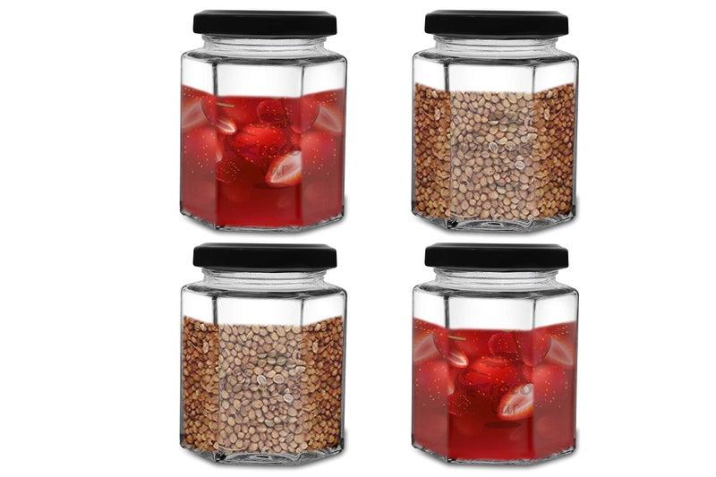 CROCO JAR Croco Hexagon Glass Jar & Container With Rust Free Air Tight Lid, Suitable For Use In Your Home Office, Kitchen Storage/Glass Jar For Kitchen 200 Ml (Pack Of 4) (Black) - Image 1