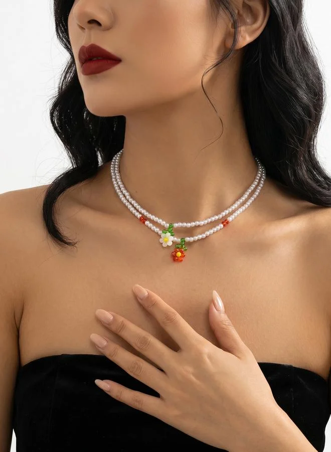 Set of 2 - Floral Pendant Faux Pearl Necklace