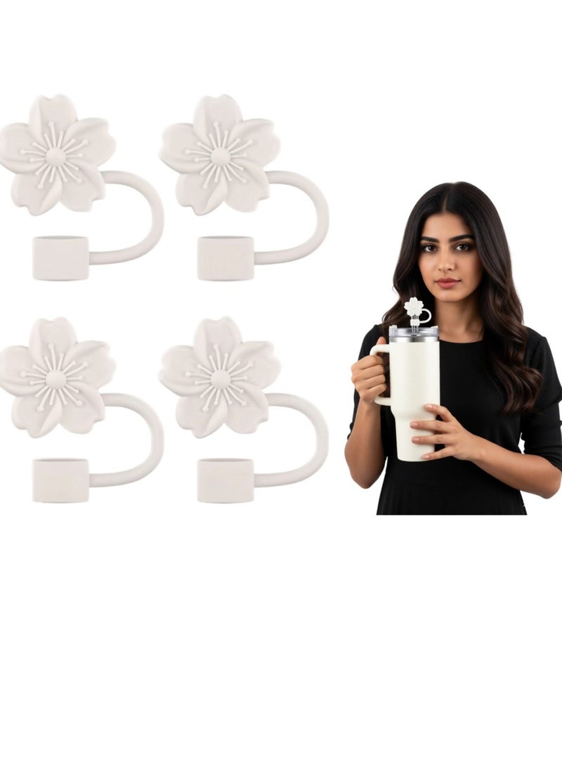 ريما غطاء ماصة 10 ملم لكوب ستانلي سدادة قش سيليكون شكل وردة واقي غبار مانع للتسرب للمطارة والقهوة والسفر والرحلات اكسسوارات اكواب ابيض طقم 4 قطع - Image 1