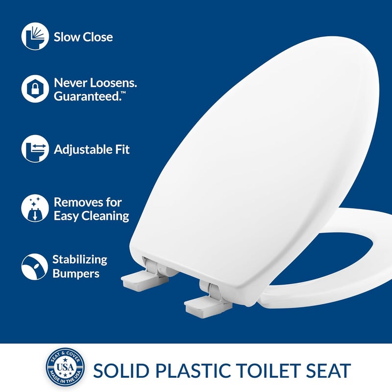 Bemis Aurora Slow Close Toilet Seat, Easy Clean Hinges and Adjustable Perfect Fit Plastic Seat, Made in USA, Elongated, White - Image 2