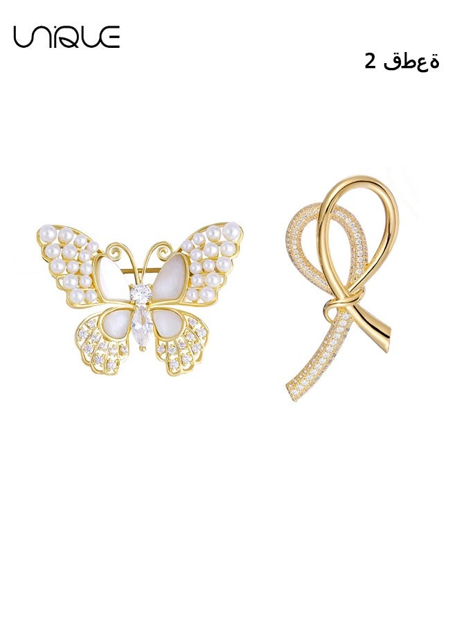 Unique 2Pcs Brooch - Shell Butterfly Brooch - Rhinestone Bow Brooch - Pearl Brooch - Elegant - Sweaters, Shirt Jackets, Backpack Accessories, DIY Crafts - Image 1
