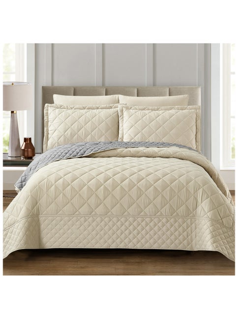 6-Piece King Size Quilted Compressed Comforter Set Microfiber Off White / Grey 240x260cm
