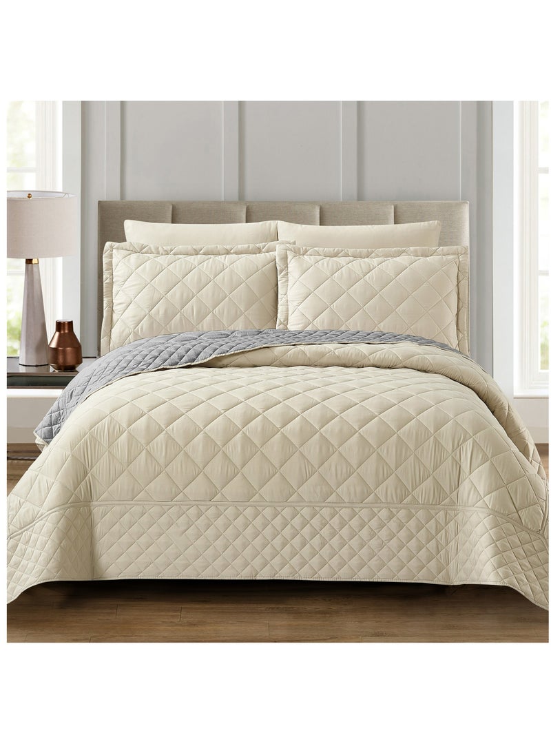 6-Piece King Size Quilted Compressed Comforter Set Microfiber Off White / Grey 240x260cm