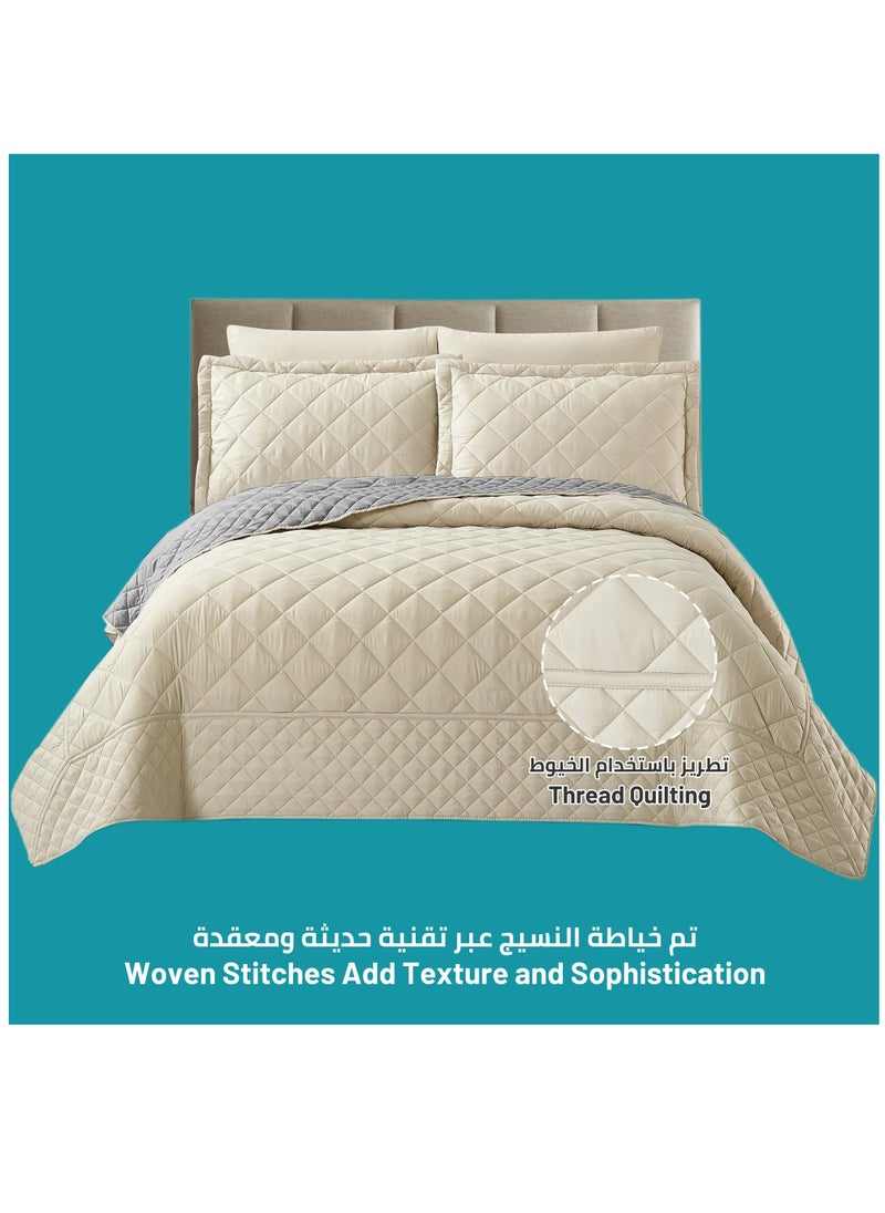 6-Piece King Size Quilted Compressed Comforter Set Microfiber Off White / Grey 240x260cm